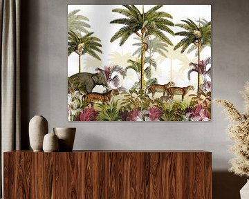 Jungle prent palmbomen met tijger, panters en olifant