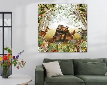 Wald in Retro-Atmosphäre mit Hirschen, Bärenfamilie und Füchsen von Studio POPPY