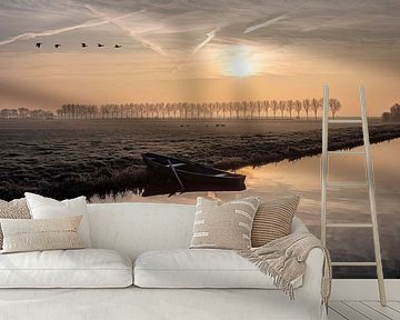 Geese above the Plaspolder in Woubrugge by Kees van den Burg