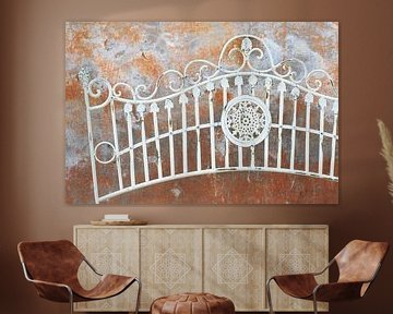 Romantic vintage weathered metal fence against weathered wall by Annavee