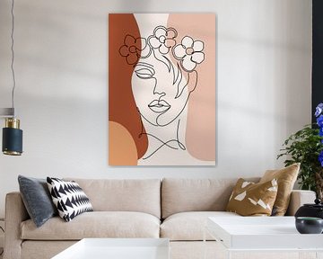 Abstrakte Ein-Linien-Zeichnung Gesicht Frau mit Blumen von Diana van Tankeren