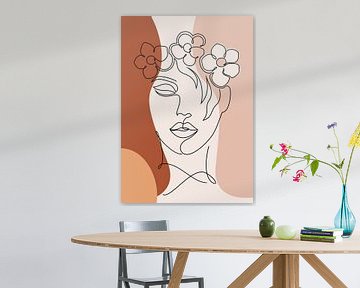 Abstract One Line drawing Visage d'une femme avec des fleurs sur Diana van Tankeren