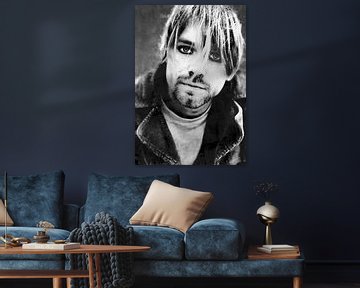 Ölgemälde-Porträt von Kurt Cobain (schwarz-weiß) von Bert Hooijer