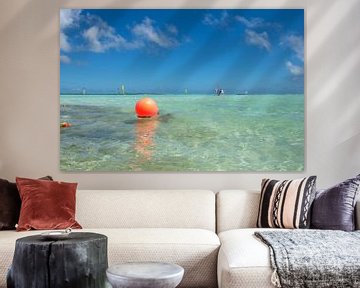 Colour photo of the blue Caribbean Sea in Bonaire with a bright orange buoy in the water. by By Tineke