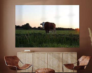 Vache hollandaise au coucher du soleil sur Wouter van den Broek