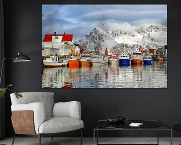 Fishing boats in the harbour of Henningsvaer in the Lofoten in Norway by Sjoerd van der Wal