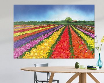 Peinture paysagère de champs de tulipes néerlandais avec une ferme sur Tanja Udelhofen