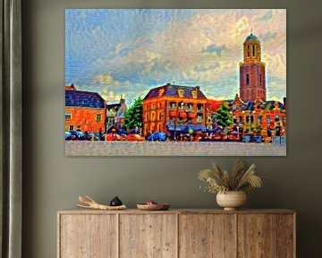 Kleurrijk Schilderij Zwolle Rodetorenplein met Peperbus van Slimme Kunst.nl