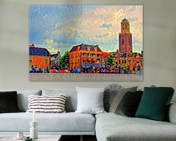 Kleurrijk Schilderij Zwolle Rodetorenplein met Peperbus van Slimme Kunst.nl