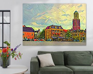 Kleurrijk Schilderij Zwolle: Rodetorenplein met Peperbus in stijl Picasso van Slimme Kunst.nl
