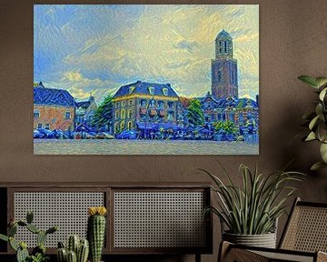 Schilderij Zwolle Rodetorenplein met Peperbus in stijl Van Gogh van Slimme Kunst.nl