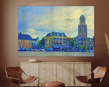 Peinture de la Zwolle Rodetorenplein avec le bus du poivre dans le style de Van Gogh