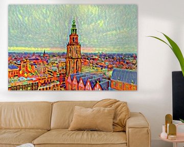 Colourful Painting Groningen Skyline with Martini Tower from Forum Groningen by Slimme Kunst.nl