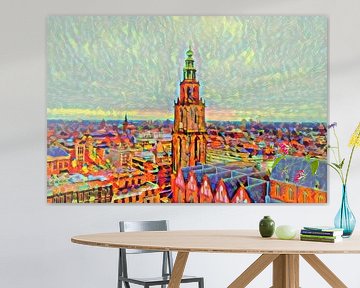 Peinture colorée de Groningen Skyline avec la tour Martini du Forum Groningen sur Slimme Kunst.nl