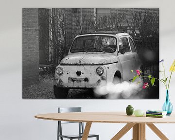 altes Auto (Renovierer) im Garten Fiat Schwarz-Weiß-Foto von Marion Hesseling