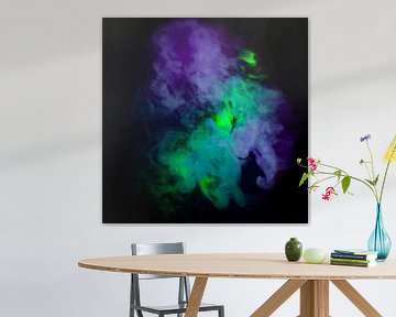 Man with hat. Green with purple smoke, abstract.