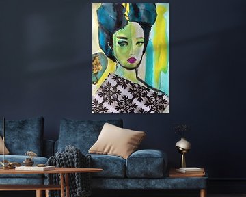 Geisha in Blue van Helia Tayebi Art