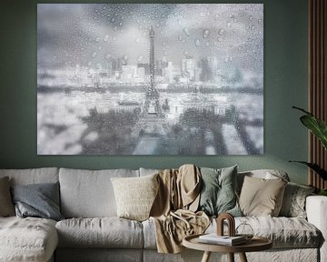 PARIS SKYLINE Regenachtige dag | Dromerig blauw van Melanie Viola