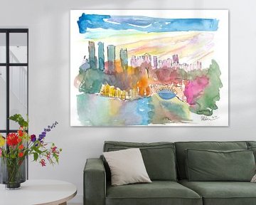View of the New York skyline from Central Park with pond by Markus Bleichner