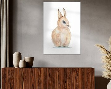 Handgeschilderde aquarel van bruin konijn met witte geïsoleerde achtergrond van Yvette Stevens