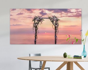 Flower arch on the beach at the Baltic Sea with beautiful flower arch on birch trunks from a beach w by Voss Fine Art Fotografie