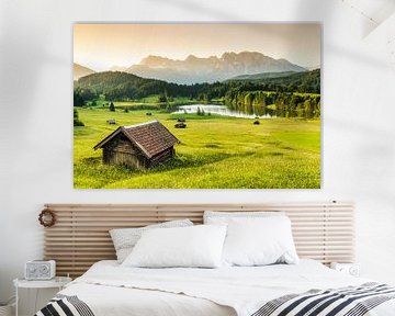 Hay barn at Geroldsee at sunrise, Bavaria, Germany by Markus Lange