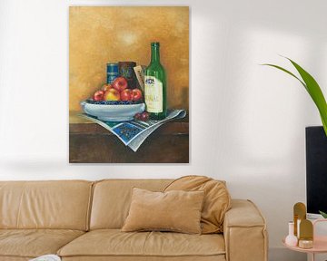 Still life with bowl, tomatoes and wine bottle by David Soekana