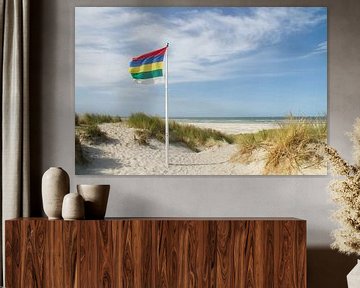 Strand en duinen van Terschelling met vlag  #1 van Marianne Jonkman