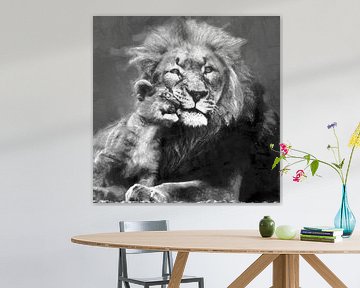 Olieverf portret van een leeuw met welp van Bert Hooijer