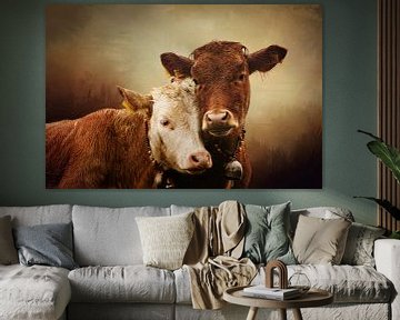 Two Cows In Foggy Landscape by Diana van Tankeren