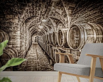 Wijnkelder in sepiatonen van Frans Scherpenisse