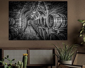 Wijnkelder in zwart-wit