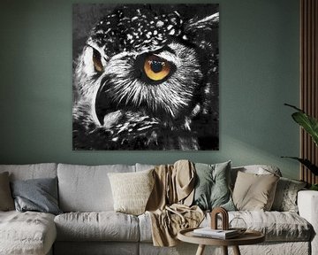 oil painting portrait of an owl with coloured eyes by Bert Hooijer