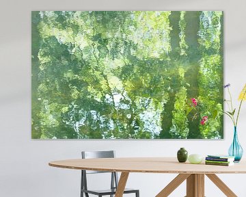 Spiegelingen (groene kleuren van bladeren weerspiegeld op het water)