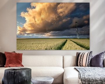 beau coucher de soleil ciel d'orage au-dessus d'un champ de blé