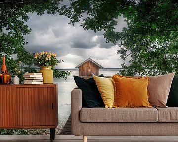 Romantic jetty with boathouse on a lake in Bavaria by Voss photography