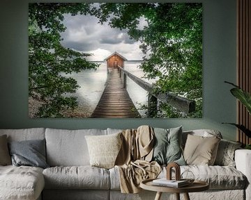 Romantic jetty with boathouse on a lake in Bavaria by Voss Fine Art Fotografie