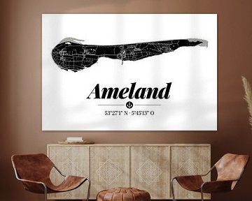 Ameland | Landkarten-Design | Insel Silhouette | Schwarz-Weiß von ViaMapia