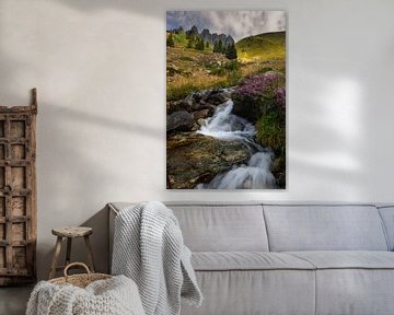 Mooie waterval met paarse heide en bloemen in de Franse Alpen.