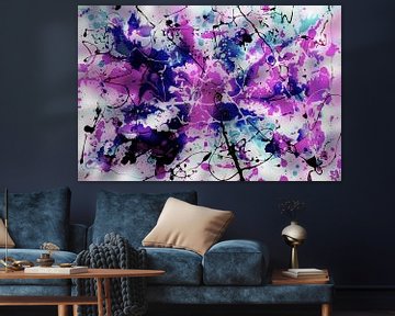 Modernes, abstraktes digitales Kunstwerk in Rosa-Violett-Blau und Schwarz von Art By Dominic