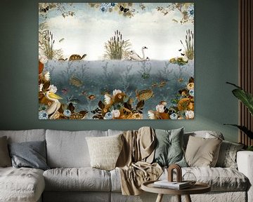 Beautiful print of an underwater world with swans and turtles. by Studio POPPY
