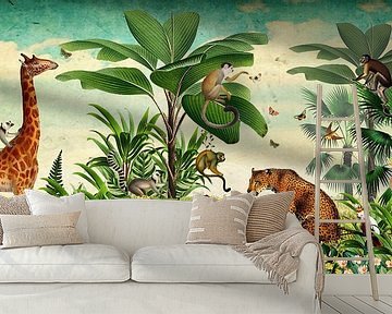 Dschungeltapete mit Giraffe, Panther, Tukan und Affen. von Studio POPPY
