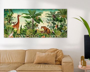 Jungle behang met giraf, panter, toekan en aapjes.