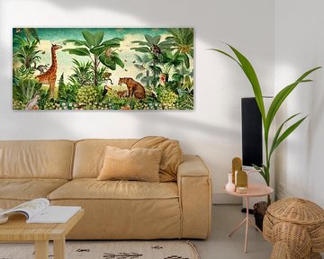 Jungle behang met giraf, panter, toekan en aapjes. van Studio POPPY