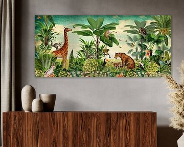 Jungle wallpaper with giraffe, panther, toucan and monkeys.