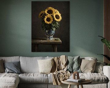 Tournesols dans un vase bleu de Delft sur Mariska Vereijken