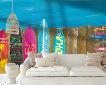 Zomer- en palmbomen Surf Board Wall van Markus Bleichner