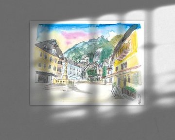 Hallstatt romantischer Marktplatz mit Berg und Wasserfall in Österreich von Markus Bleichner