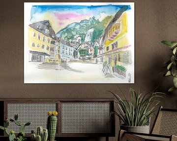 Hallstatt romantischer Marktplatz mit Berg und Wasserfall in Österreich