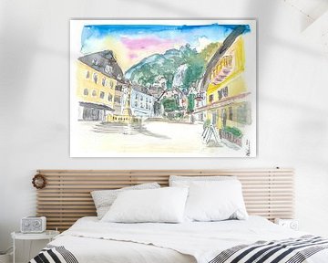 Hallstatt romantischer Marktplatz mit Berg und Wasserfall in Österreich von Markus Bleichner